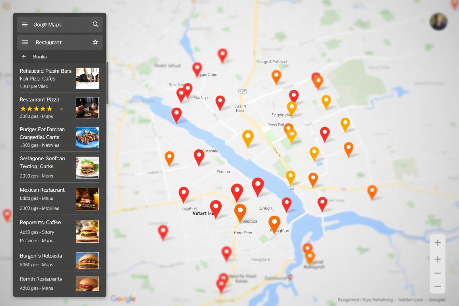 Google Maps view showing local restaurant pins and a sidebar list of nearby food spots.