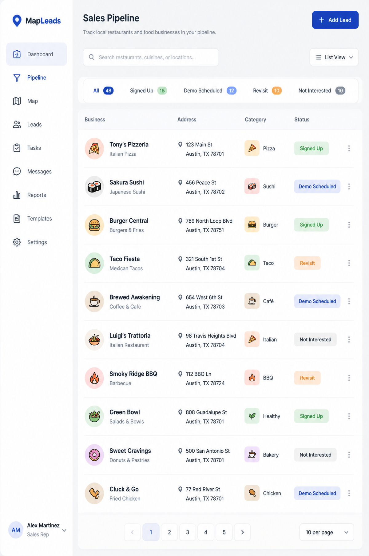 Sales CRM pipeline showing mapped restaurants and food businesses with status tags like Signed Up, Demo Scheduled, and Revisit.